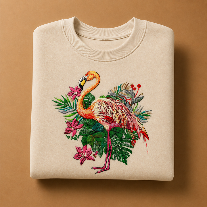 Flamingo Dusk Machine Embroidered Sweatshirt – Hand Finished in Dubai | EmbroMania
