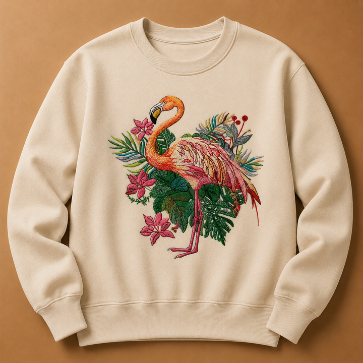 Flamingo Dusk Machine Embroidered Sweatshirt – Hand Finished in Dubai | EmbroMania