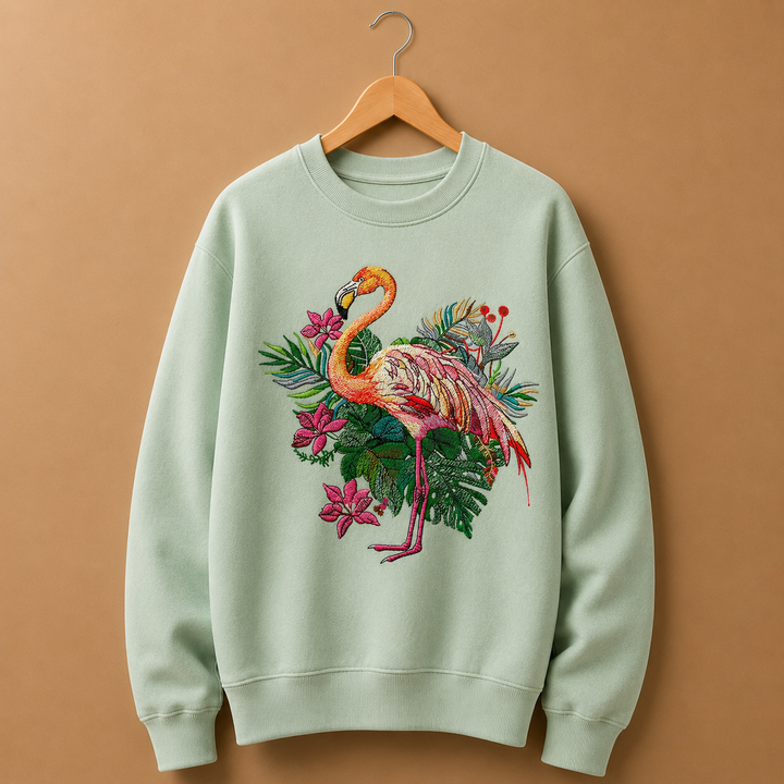 Flamingo Dusk Machine Embroidered Sweatshirt – Hand Finished in Dubai | EmbroMania