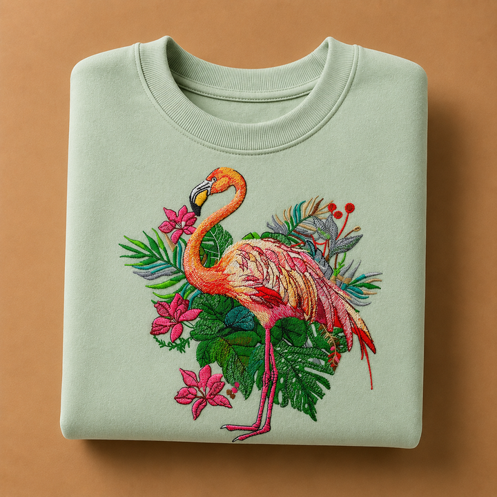 Flamingo Dusk Machine Embroidered Sweatshirt – Hand Finished in Dubai | EmbroMania