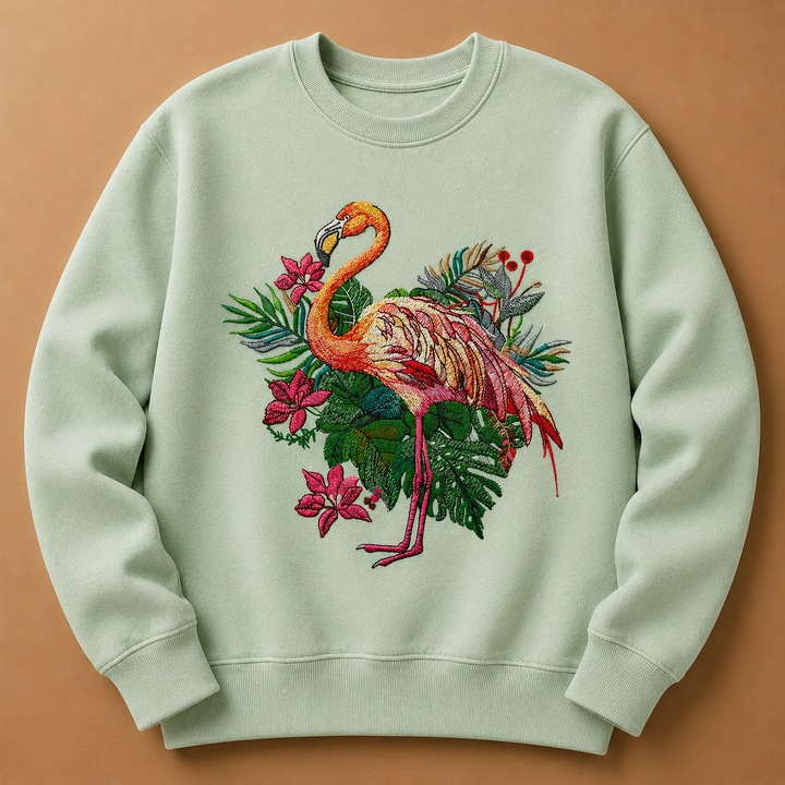 Flamingo Dusk Machine Embroidered Sweatshirt – Hand Finished in Dubai | EmbroMania