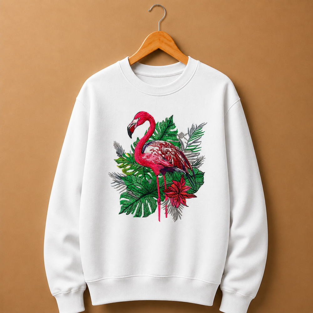 Flamingo Botanica Machine Embroidered Sweatshirt – Hand Finished in Dubai | EmbroMania