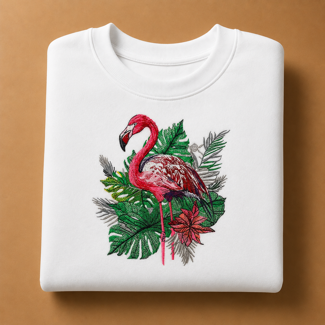 Flamingo Botanica Machine Embroidered Sweatshirt – Hand Finished in Dubai | EmbroMania