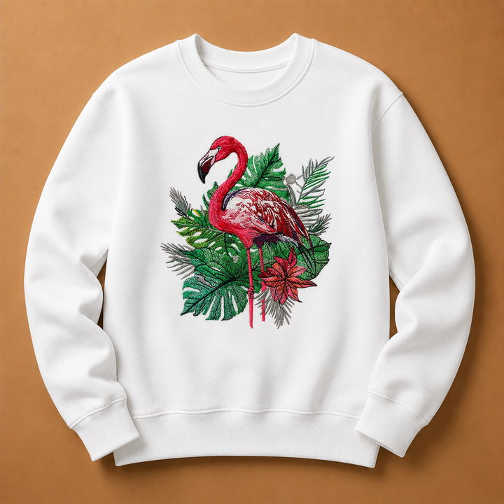 Flamingo Botanica Machine Embroidered Sweatshirt – Hand Finished in Dubai | EmbroMania