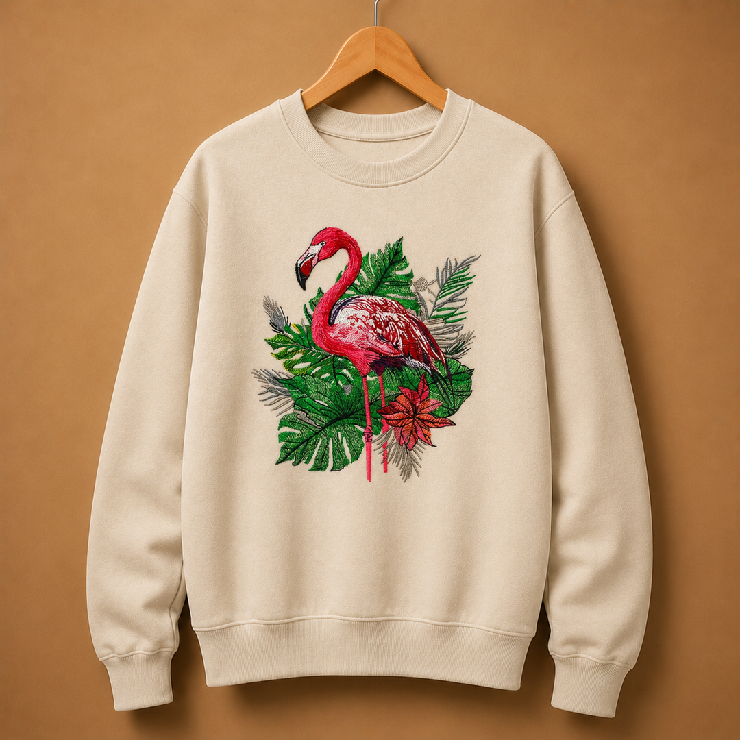 Flamingo Botanica Machine Embroidered Sweatshirt – Hand Finished in Dubai | EmbroMania