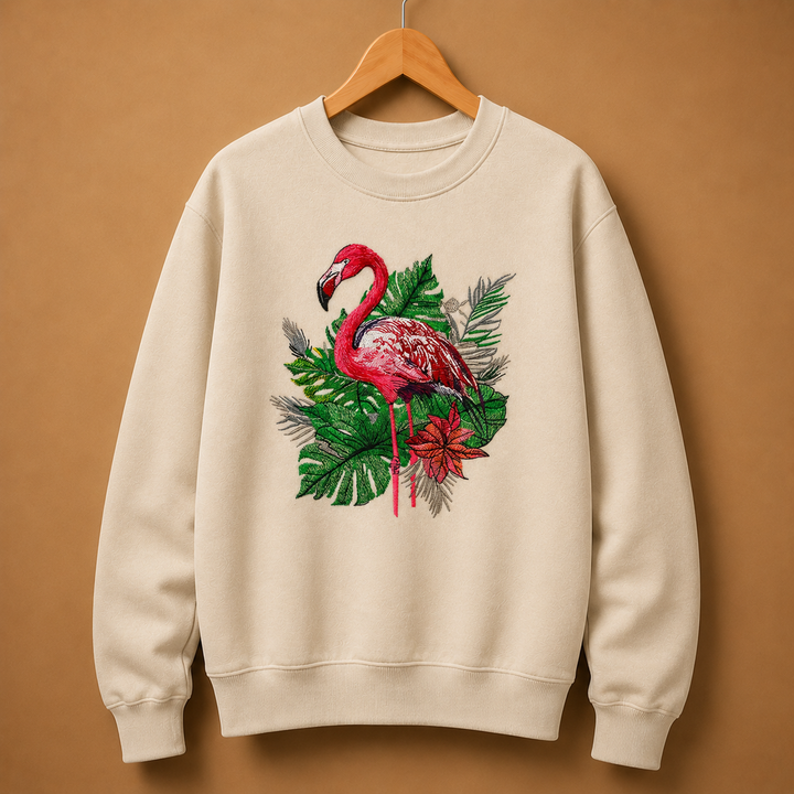 Flamingo Botanica Machine Embroidered Sweatshirt – Hand Finished in Dubai | EmbroMania