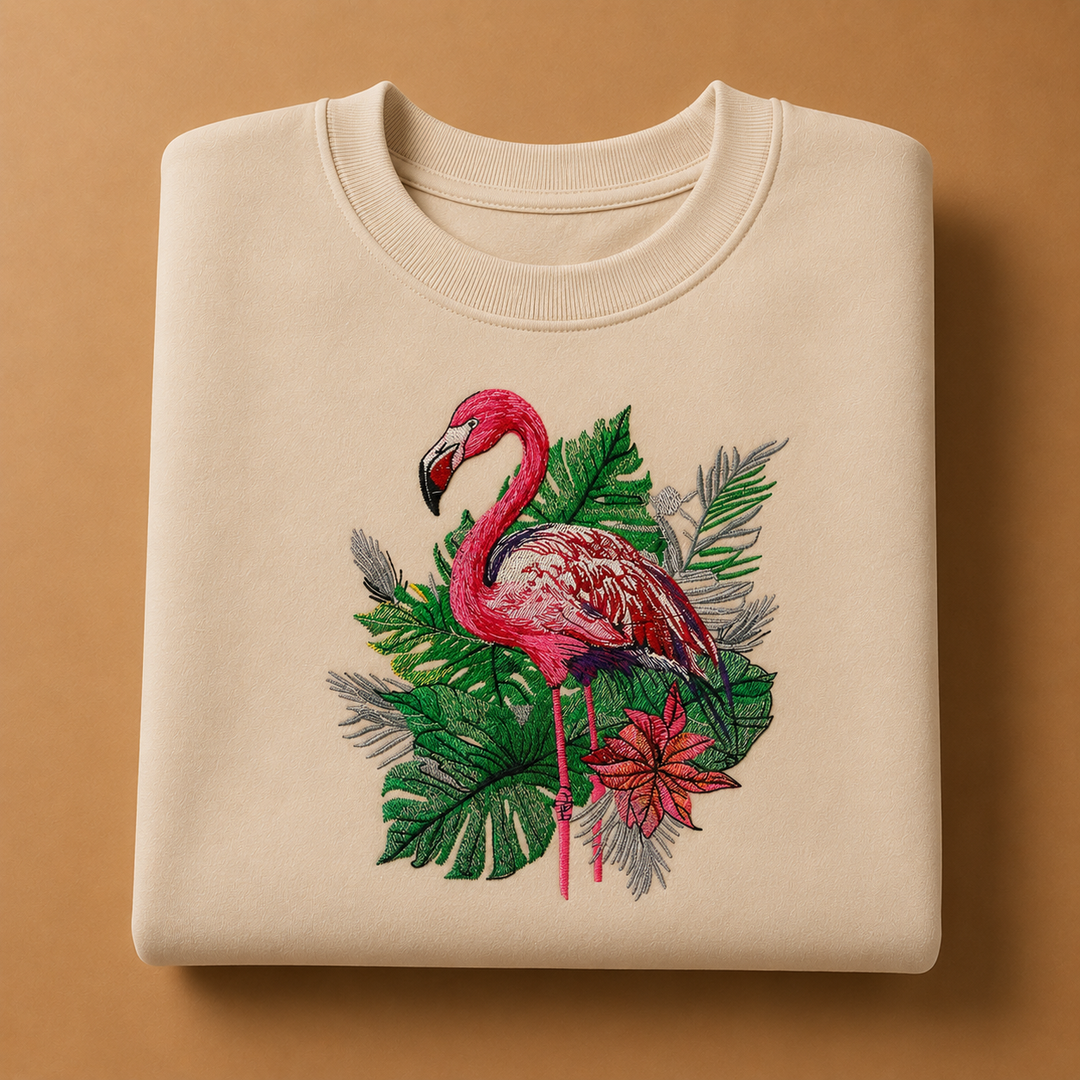 Flamingo Botanica Machine Embroidered Sweatshirt – Hand Finished in Dubai | EmbroMania
