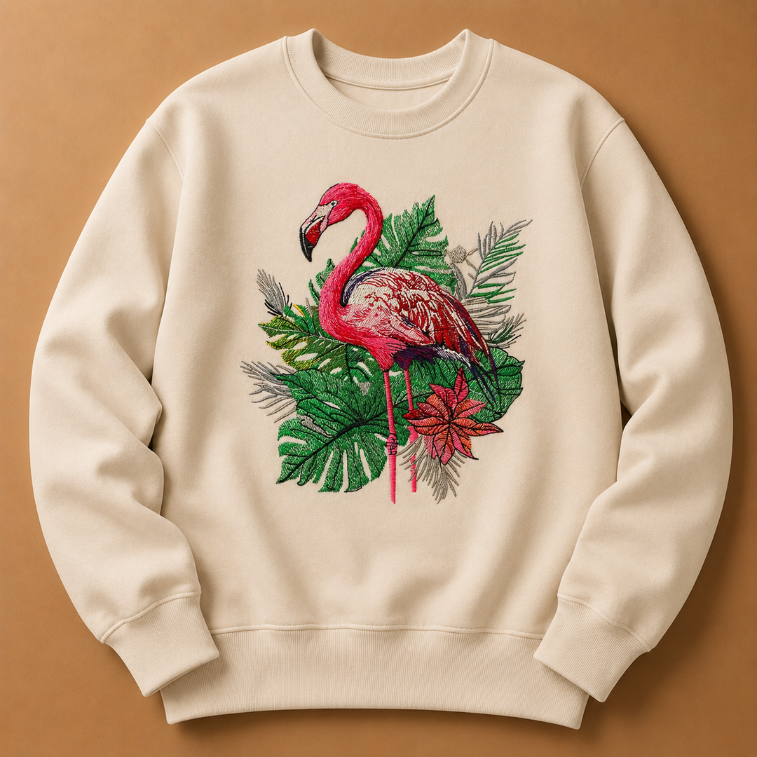 Flamingo Botanica Machine Embroidered Sweatshirt – Hand Finished in Dubai | EmbroMania