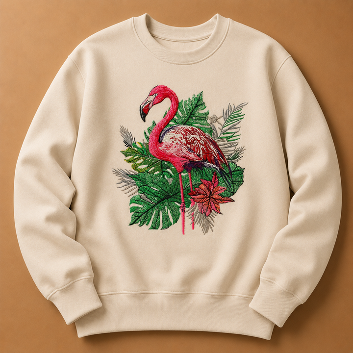 Flamingo Botanica Machine Embroidered Sweatshirt – Hand Finished in Dubai | EmbroMania