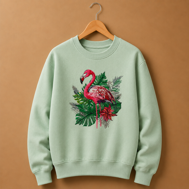 Flamingo Botanica Machine Embroidered Sweatshirt – Hand Finished in Dubai | EmbroMania