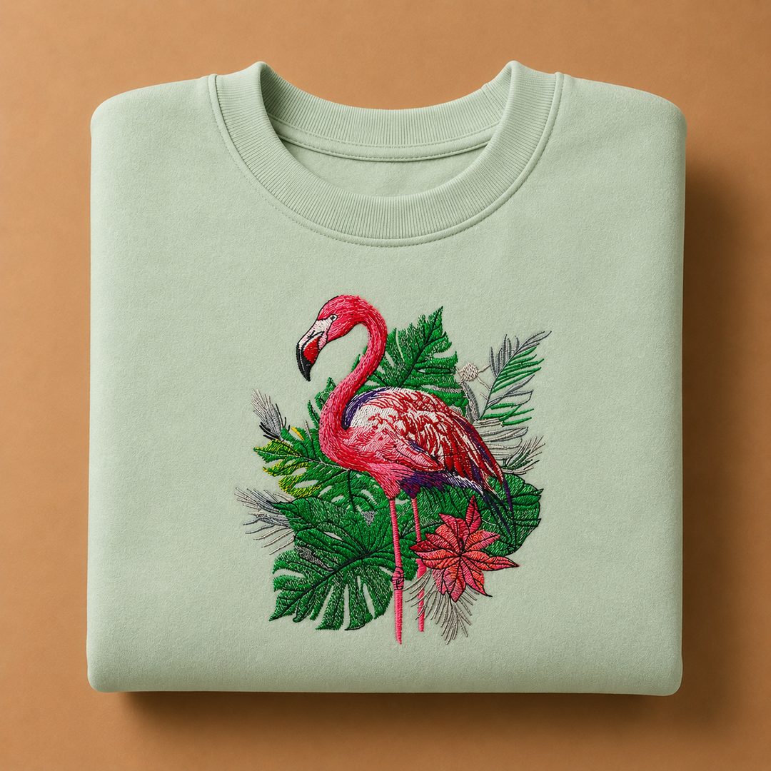 Flamingo Botanica Machine Embroidered Sweatshirt – Hand Finished in Dubai | EmbroMania