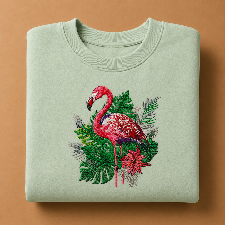 Flamingo Botanica Machine Embroidered Sweatshirt – Hand Finished in Dubai | EmbroMania