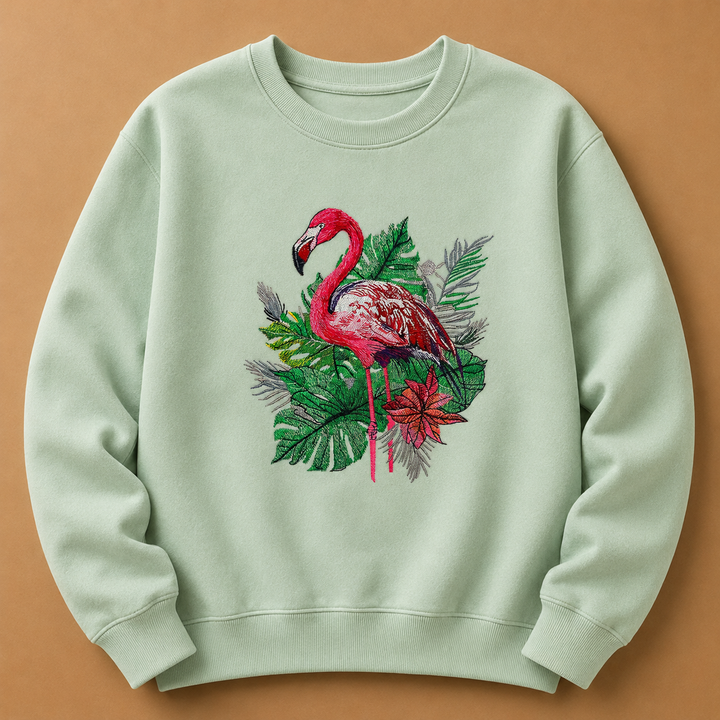 Flamingo Botanica Machine Embroidered Sweatshirt – Hand Finished in Dubai | EmbroMania