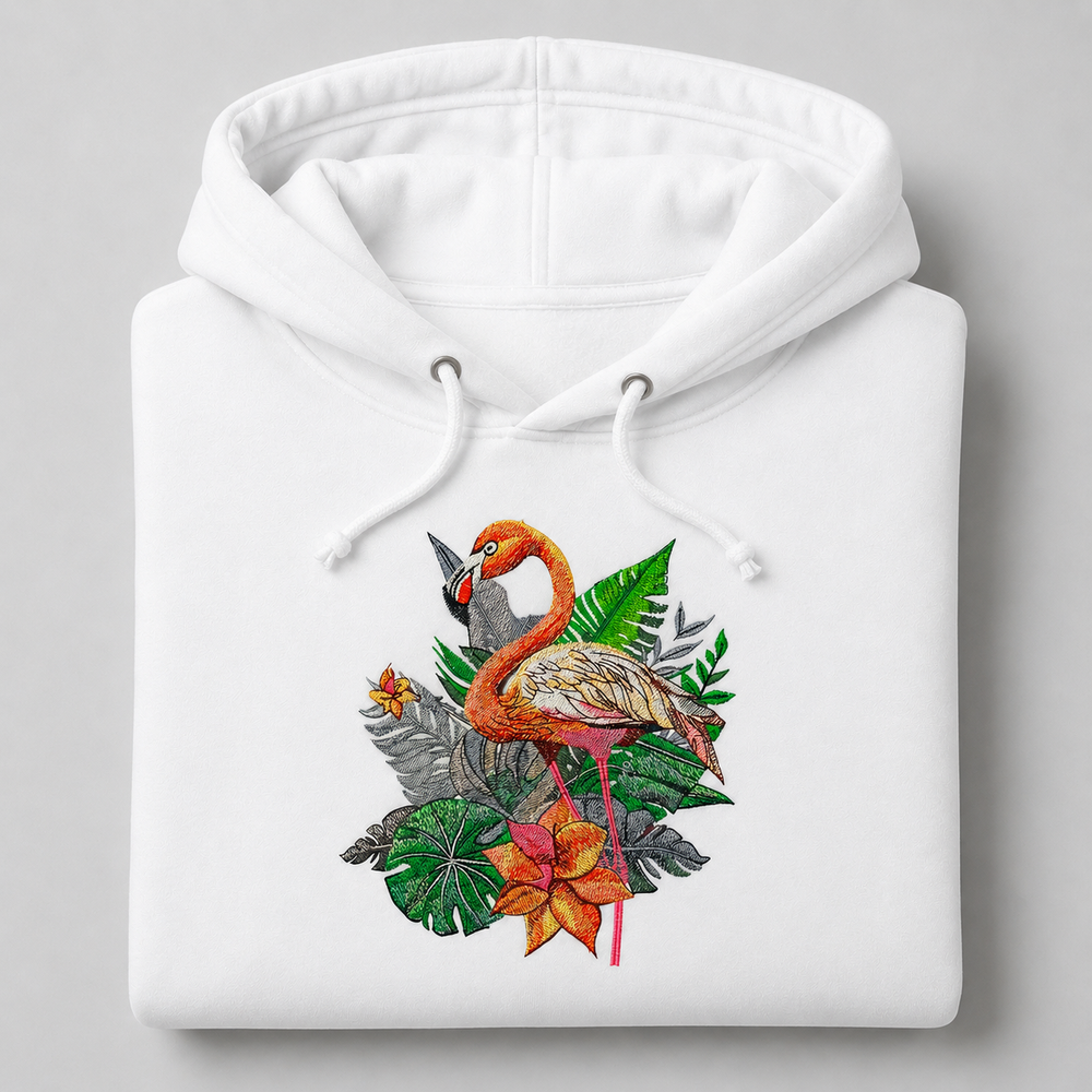 Flamingo Solo Machine Embroidered Hoodie – Hand Finished in Dubai | EmbroMania