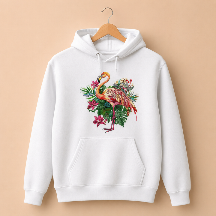 Flamingo Bloom Machine Embroidered Hoodie – Hand Finished in Dubai | EmbroMania