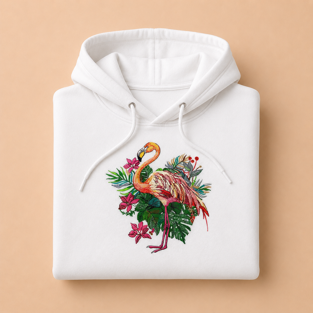 Flamingo Bloom Machine Embroidered Hoodie – Hand Finished in Dubai | EmbroMania