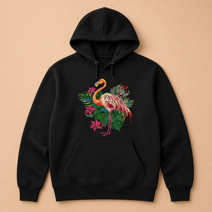 Flamingo Bloom Machine Embroidered Hoodie – Hand Finished in Dubai | EmbroMania