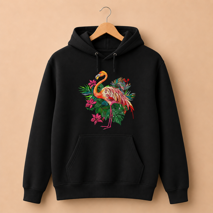 Flamingo Bloom Machine Embroidered Hoodie – Hand Finished in Dubai | EmbroMania