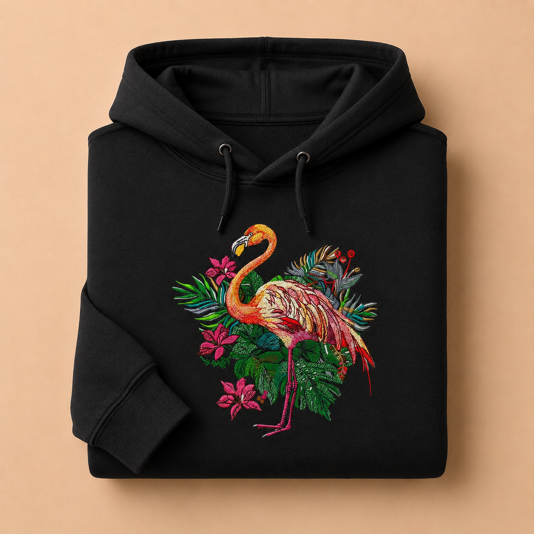 Flamingo Bloom Machine Embroidered Hoodie – Hand Finished in Dubai | EmbroMania