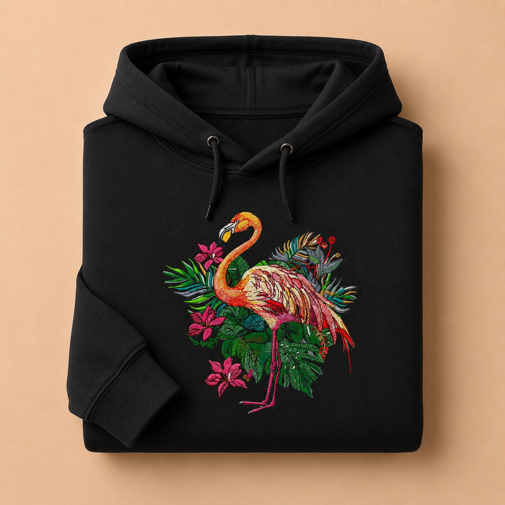 Flamingo Bloom Machine Embroidered Hoodie – Hand Finished in Dubai | EmbroMania