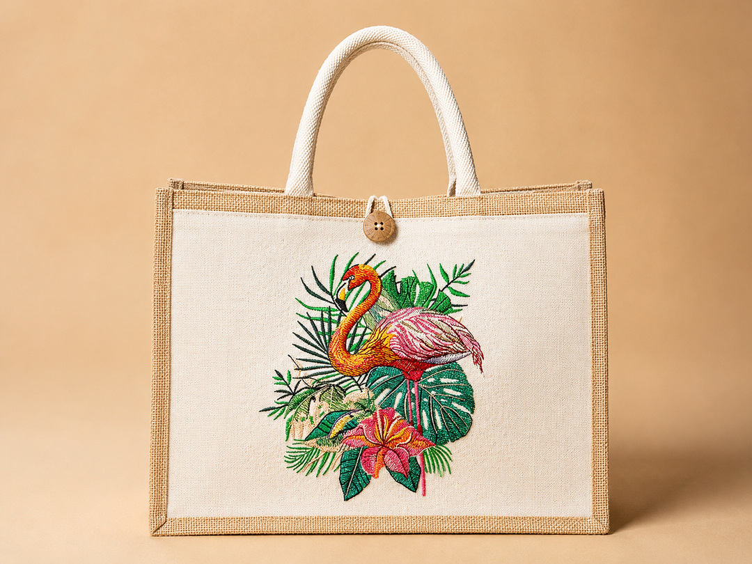 Flamingo Dusk Machine Embroidered Jute Tote – Hand Finished in Dubai | EmbroMania
