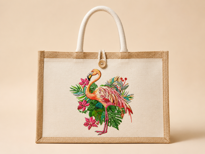 Flamingo Bloom Machine Embroidered Jute Tote – Hand Finished in Dubai | EmbroMania