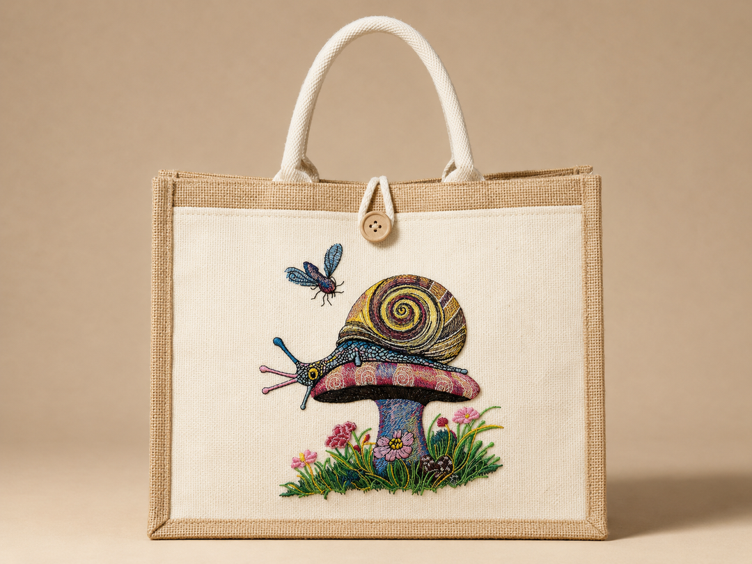 Garden Snail Machine Embroidered Jute Tote – Hand Finished in Dubai | EmbroMania