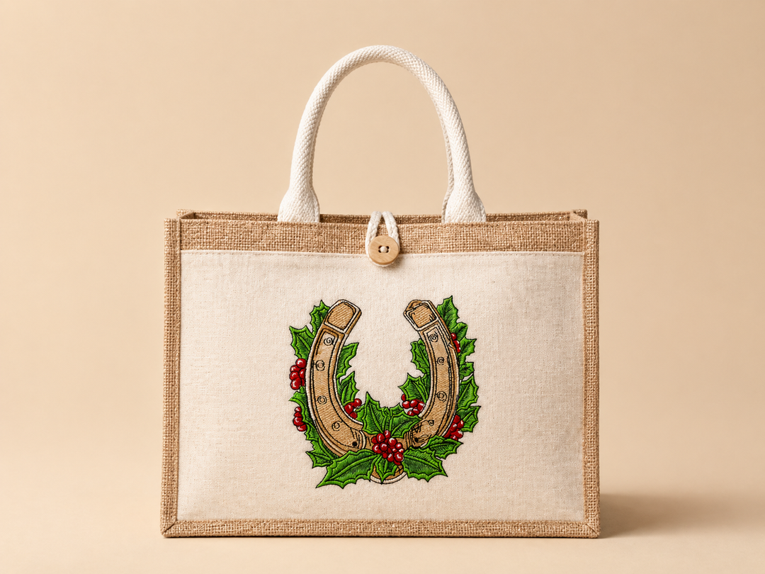 Botanical Horseshoe Machine Embroidered Jute Tote – Hand Finished in Dubai | EmbroMania
