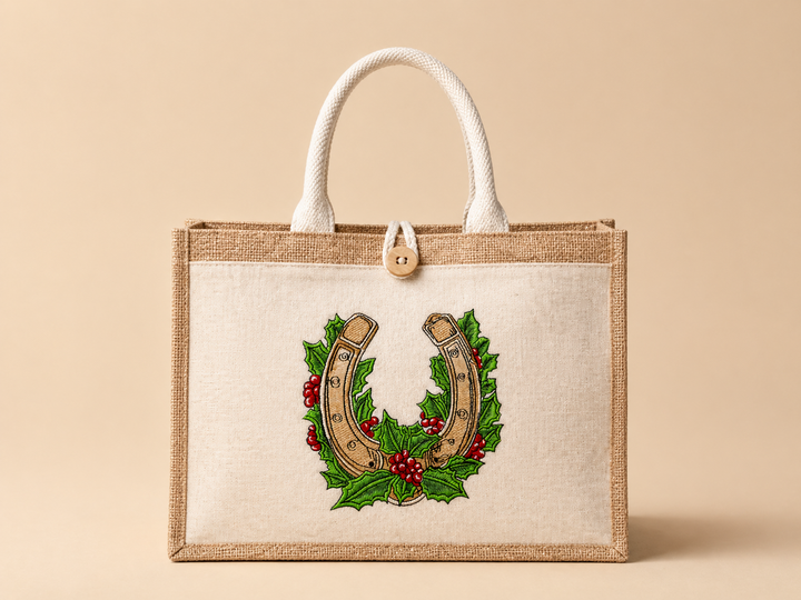 Botanical Horseshoe Machine Embroidered Jute Tote – Hand Finished in Dubai | EmbroMania
