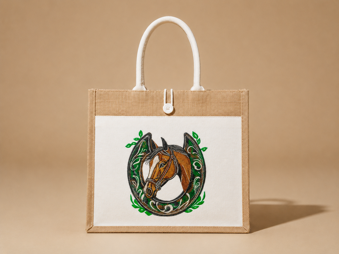 Horse Head &amp; Horseshoe Machine Embroidered Jute Tote – Hand Finished in Dubai | EmbroMania