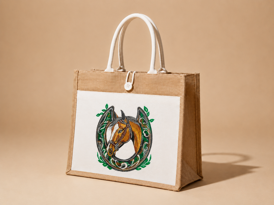 Horse Head &amp; Horseshoe Machine Embroidered Jute Tote – Hand Finished in Dubai | EmbroMania