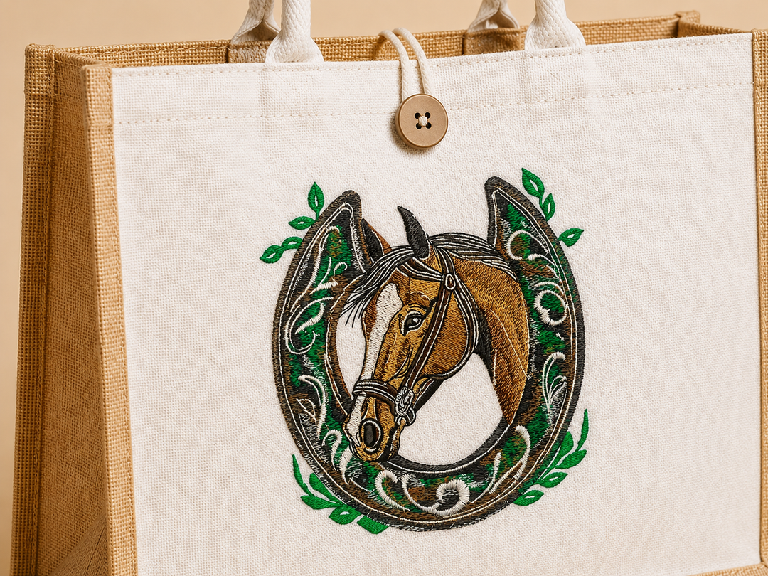 Horse Head & Horseshoe Machine Embroidered Jute Tote – Hand Finished in Dubai | EmbroMania