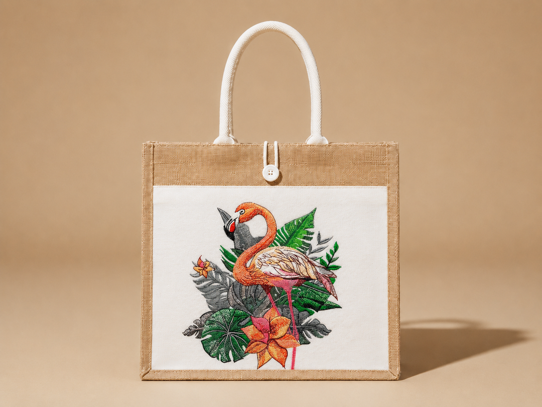 Flamingo Solo Machine Embroidered Jute Tote – Hand Finished in Dubai | EmbroMania