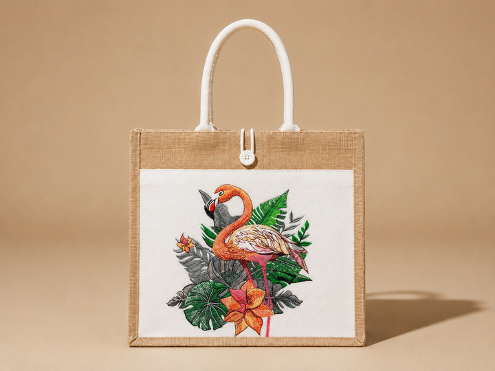 Flamingo Solo Machine Embroidered Jute Tote – Hand Finished in Dubai | EmbroMania