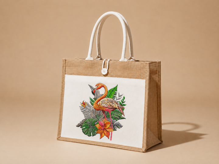 Flamingo Solo Machine Embroidered Jute Tote – Hand Finished in Dubai | EmbroMania