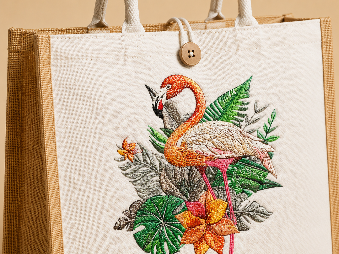 Flamingo Solo Machine Embroidered Jute Tote – Hand Finished in Dubai | EmbroMania