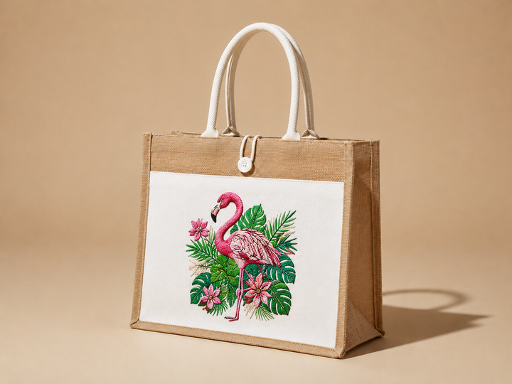 Flamingo Bloom Machine Embroidered Jute Tote – Hand Finished in Dubai | EmbroMania