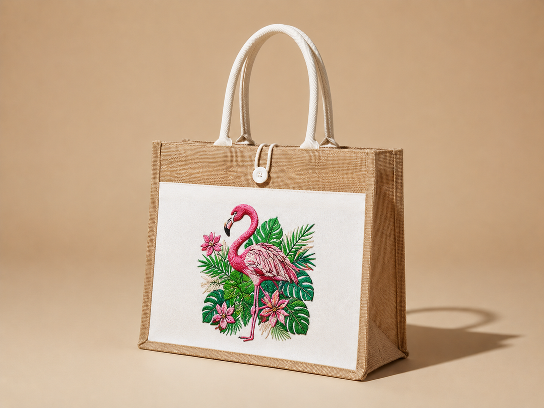 Flamingo Dusk Machine Embroidered Jute Tote – Hand Finished in Dubai | EmbroMania