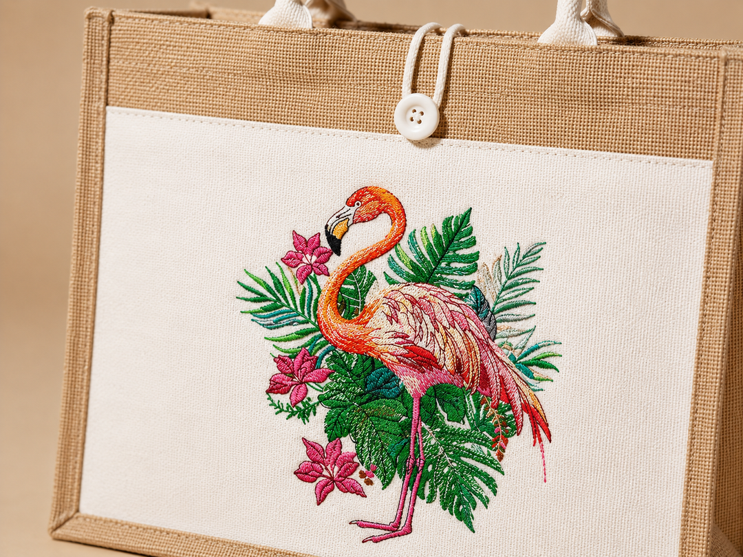 Flamingo Bloom Machine Embroidered Jute Tote – Hand Finished in Dubai | EmbroMania