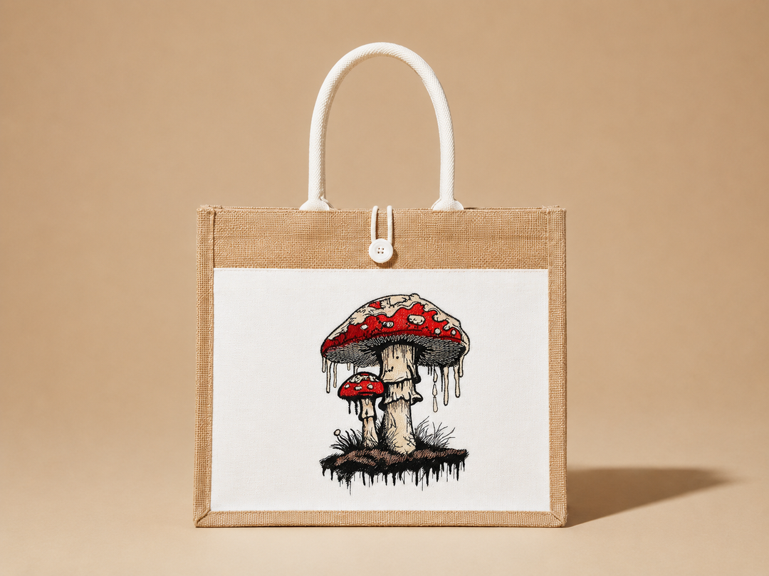 Enchanted Mushroom Machine Embroidered Jute Tote – Hand Finished in Dubai | EmbroMania