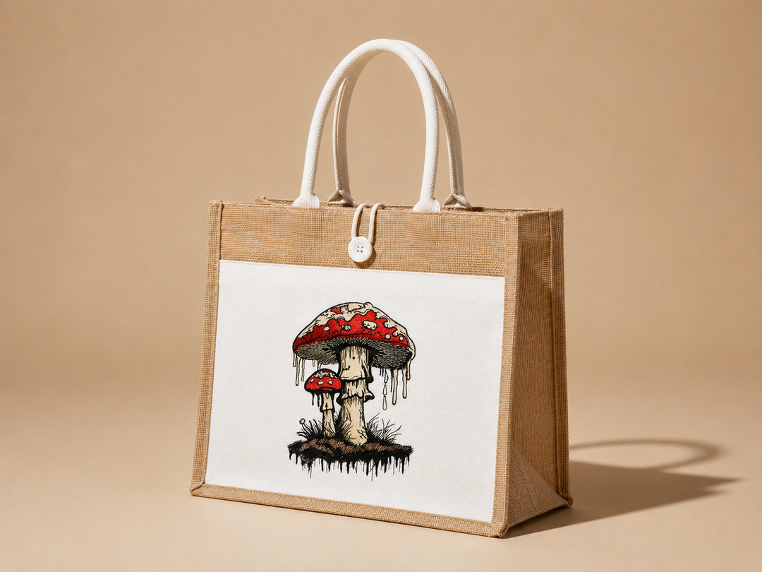 Enchanted Mushroom Machine Embroidered Jute Tote – Hand Finished in Dubai | EmbroMania