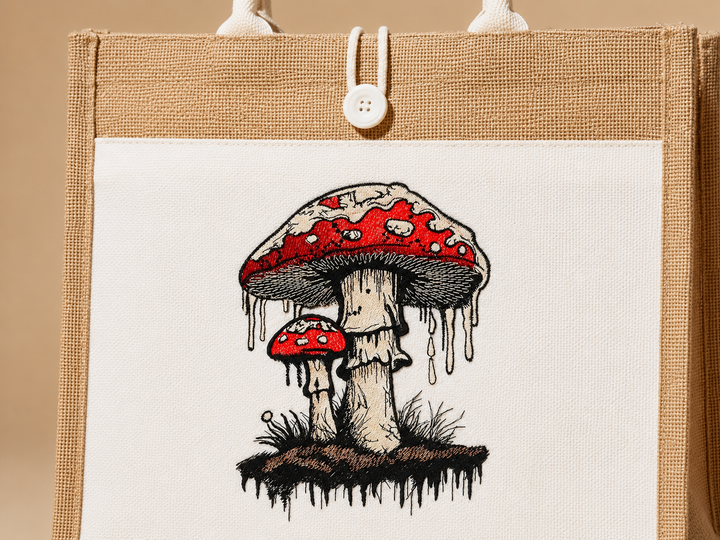Enchanted Mushroom Machine Embroidered Jute Tote – Hand Finished in Dubai | EmbroMania