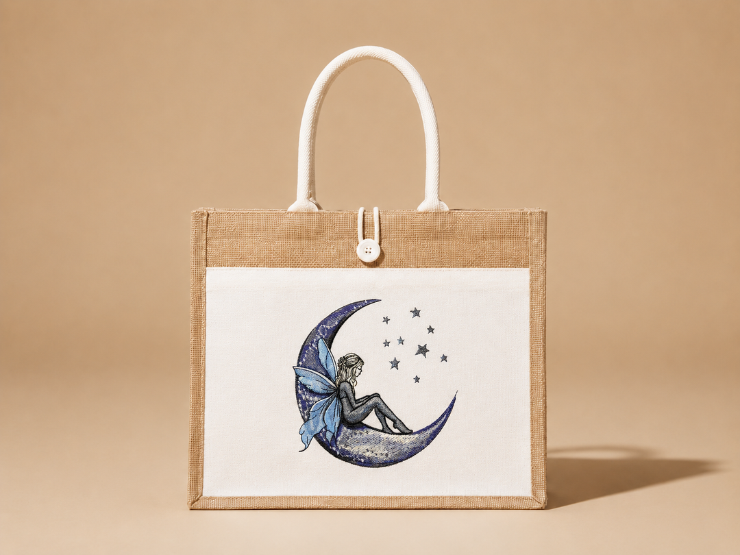 Fairy Tale on the Moon Machine Embroidered Jute Tote – Hand Finished in Dubai | EmbroMania