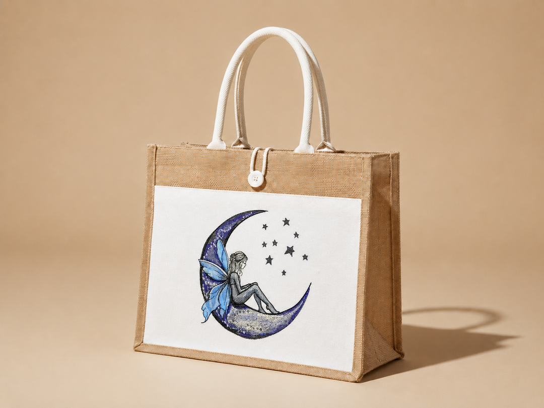 Fairy Tale on the Moon Machine Embroidered Jute Tote – Hand Finished in Dubai | EmbroMania