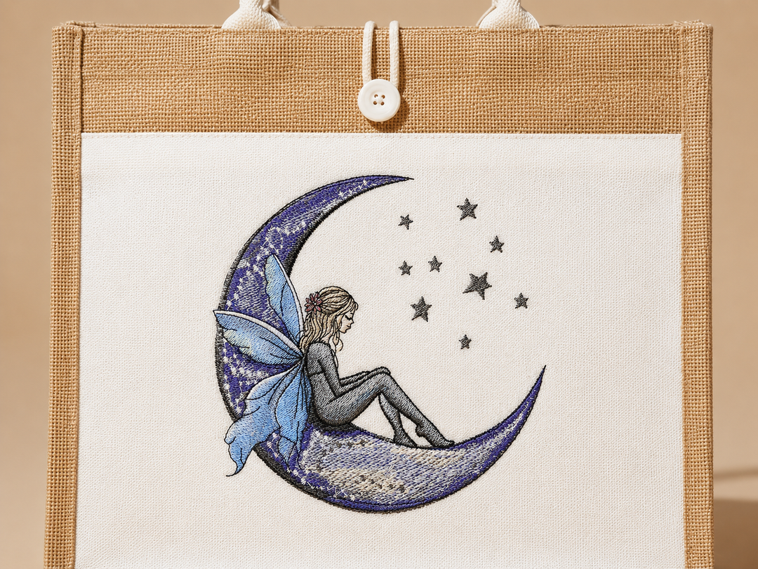 Fairy Tale on the Moon Machine Embroidered Jute Tote – Hand Finished in Dubai | EmbroMania