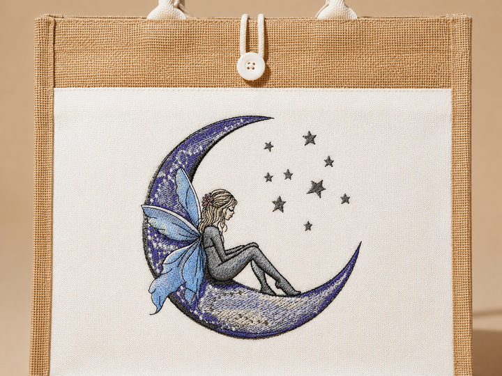Fairy Tale on the Moon Machine Embroidered Jute Tote – Hand Finished in Dubai | EmbroMania