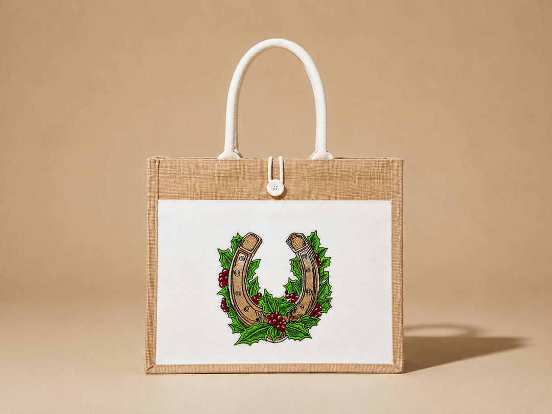 Botanical Horseshoe Machine Embroidered Jute Tote – Hand Finished in Dubai | EmbroMania