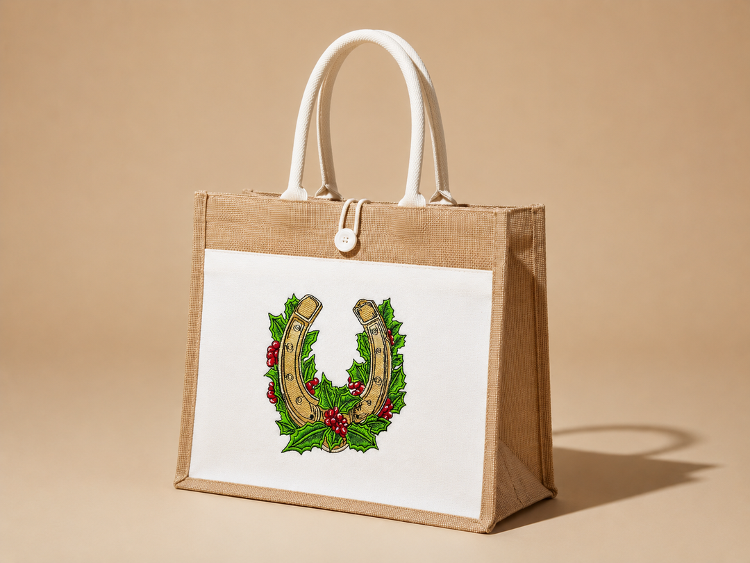 Botanical Horseshoe Machine Embroidered Jute Tote – Hand Finished in Dubai | EmbroMania