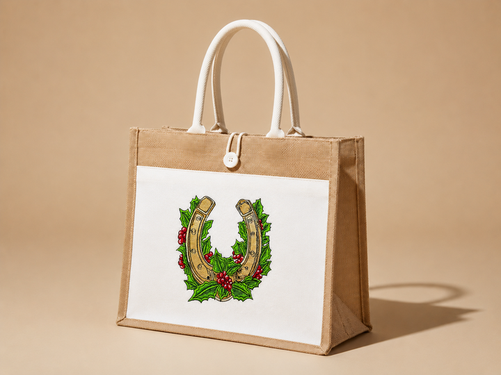 Botanical Horseshoe Machine Embroidered Jute Tote – Hand Finished in Dubai | EmbroMania