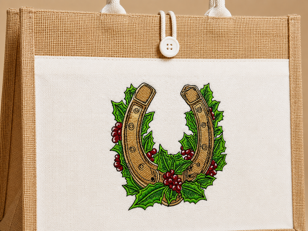 Botanical Horseshoe Machine Embroidered Jute Tote – Hand Finished in Dubai | EmbroMania